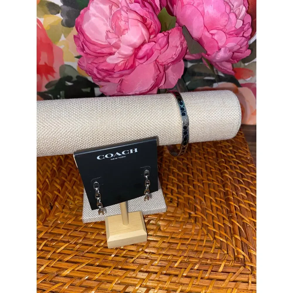 Coach Jewelry Set Bundle Lot Earrings NWT Signature Bangle Bracelet Black Silver - Picture 2 of 11
